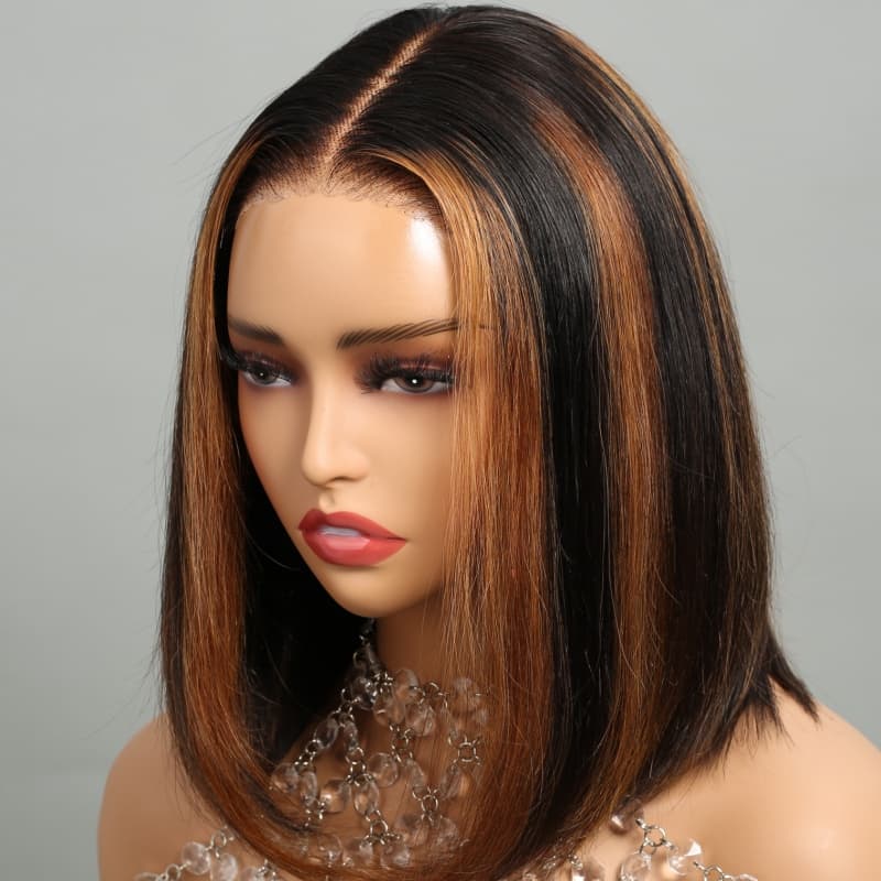 Piano Highlights Color 13x4 4x4 Lace Front Short Bob Wigs Honey Blonde Straight Human Hair Wig - AlloveHair