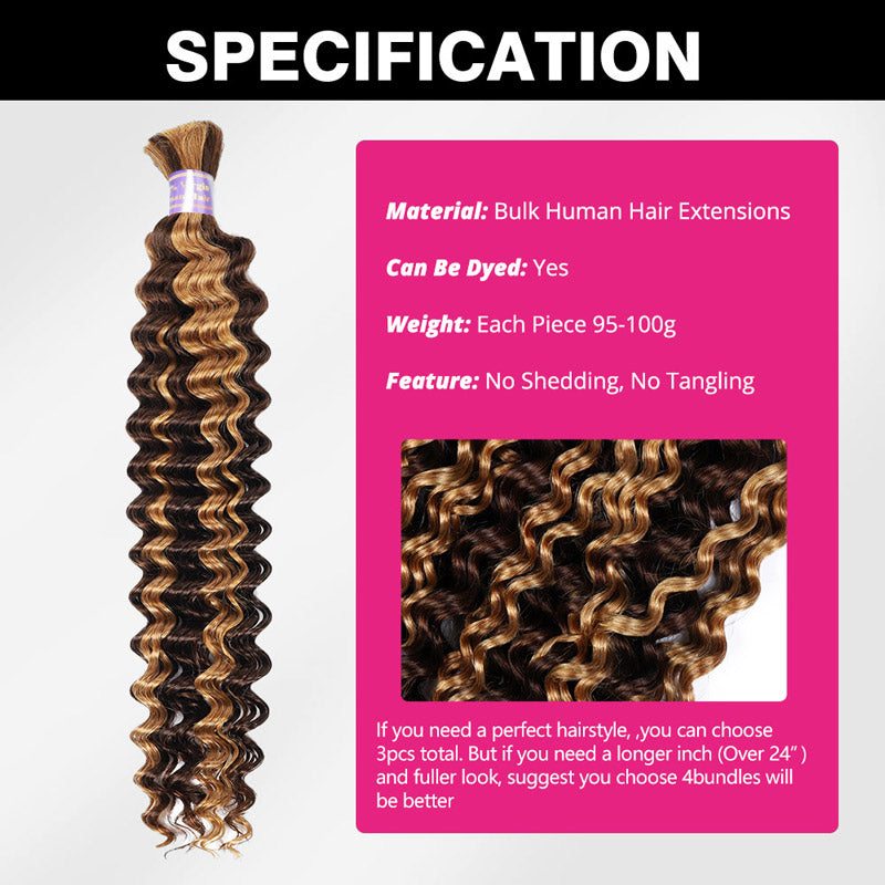 [Ship From US] Allove Hair Boho Braids Deep Wave Bulk Human Hair For Braiding Highlight P4/27 Honey Blonde Color - AlloveHair