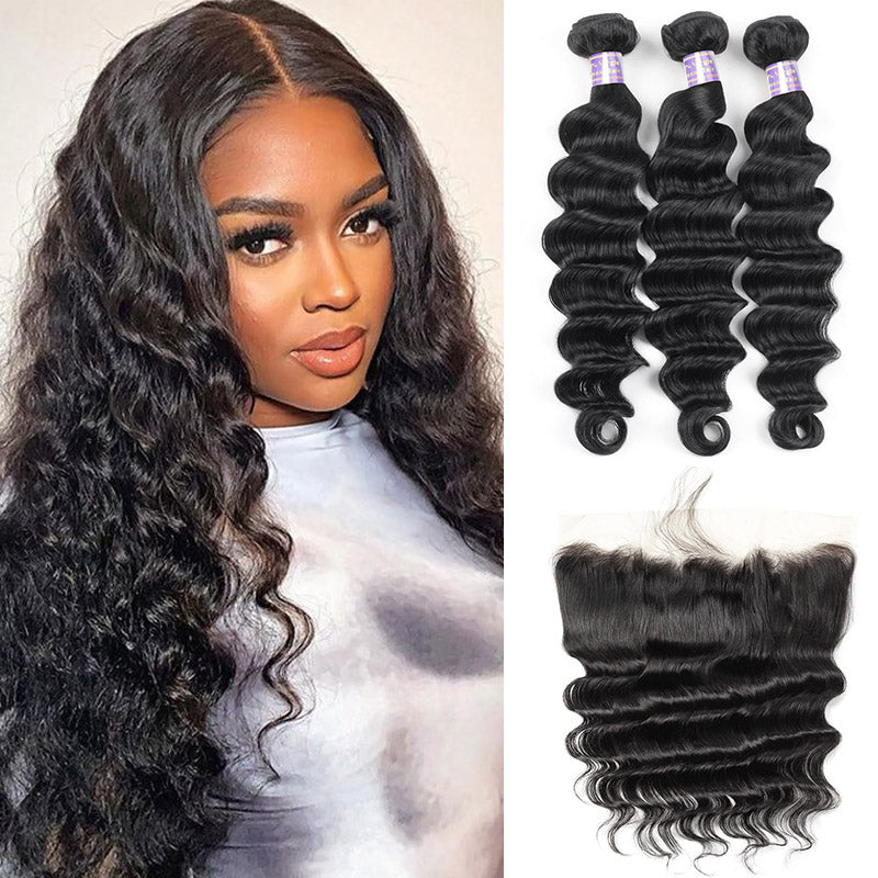 Indian Loose Deep Wave 3 Bundles with HD 13*4 Lace Frontal Virgin Human Hair - AlloveHair