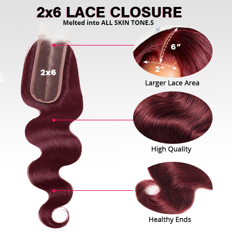 Burgundy 99J Bundles with 2x6 HD Closure Deep Parting Body Wave 3 Bundles Brazilian Human Hair Weave - AlloveHair