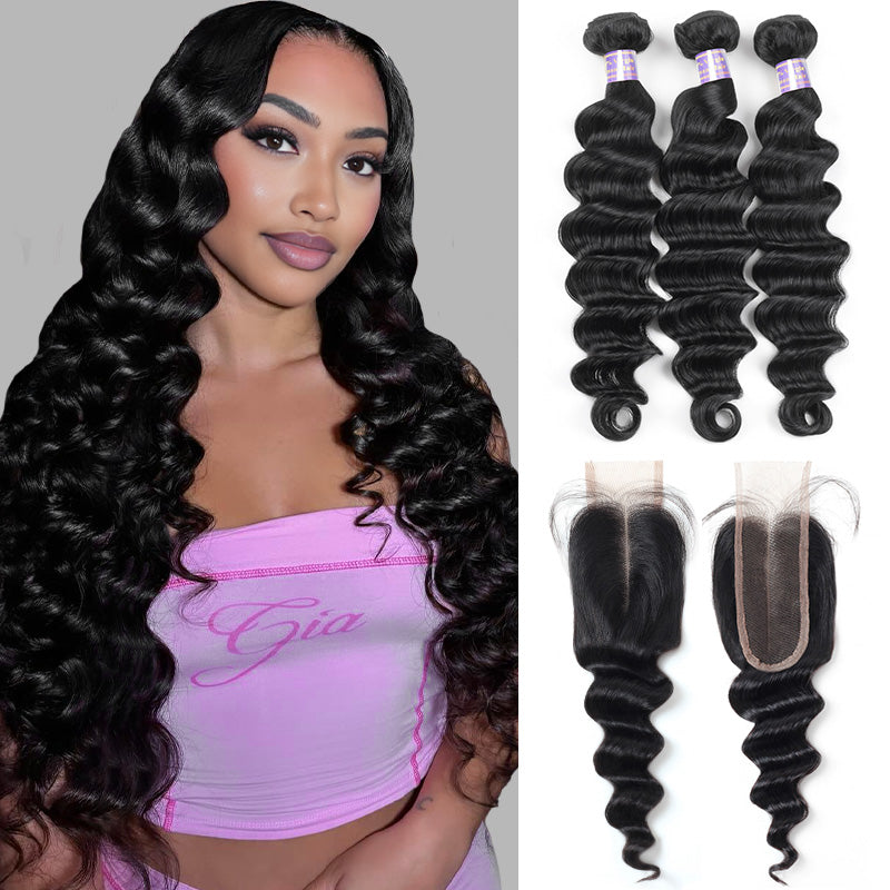 Allove 2x6 Deep Parting HD Lace Closure with Bundles Loose Deep Wave Bundles with Closure Human Hair Weave Extensions - AlloveHair