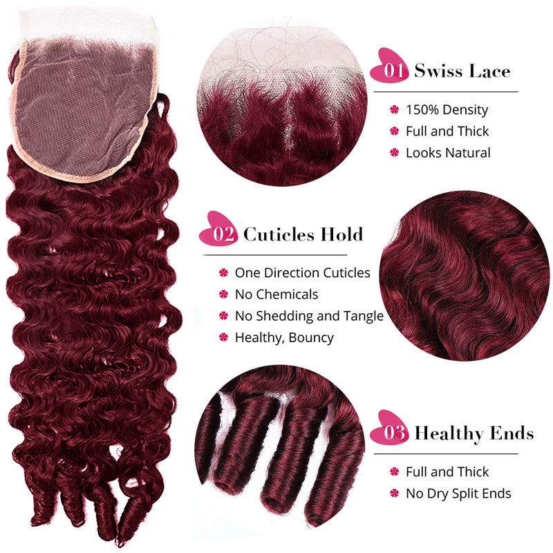 Premium #99J Burgundy Colored Burmese Curly Hair 3 Bundles with 4x4 Lace Closure Deal Red Human Hair Weave - AlloveHair