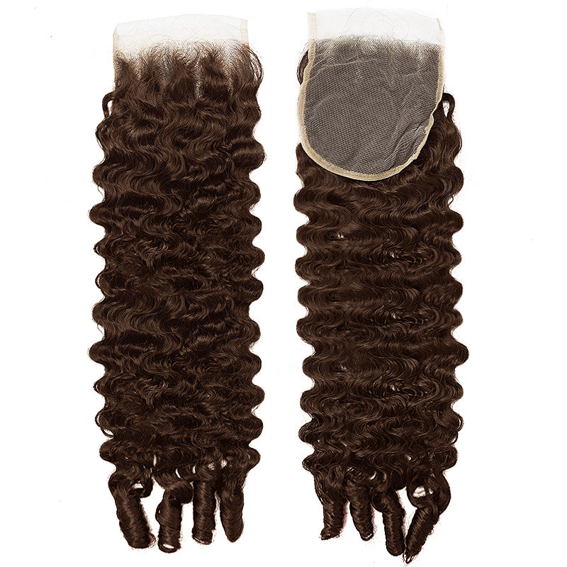 #4 Brown Colored Burmese Curly Human Hair 3 Bundles With 4x4 Transparent Lace Closure - AlloveHair