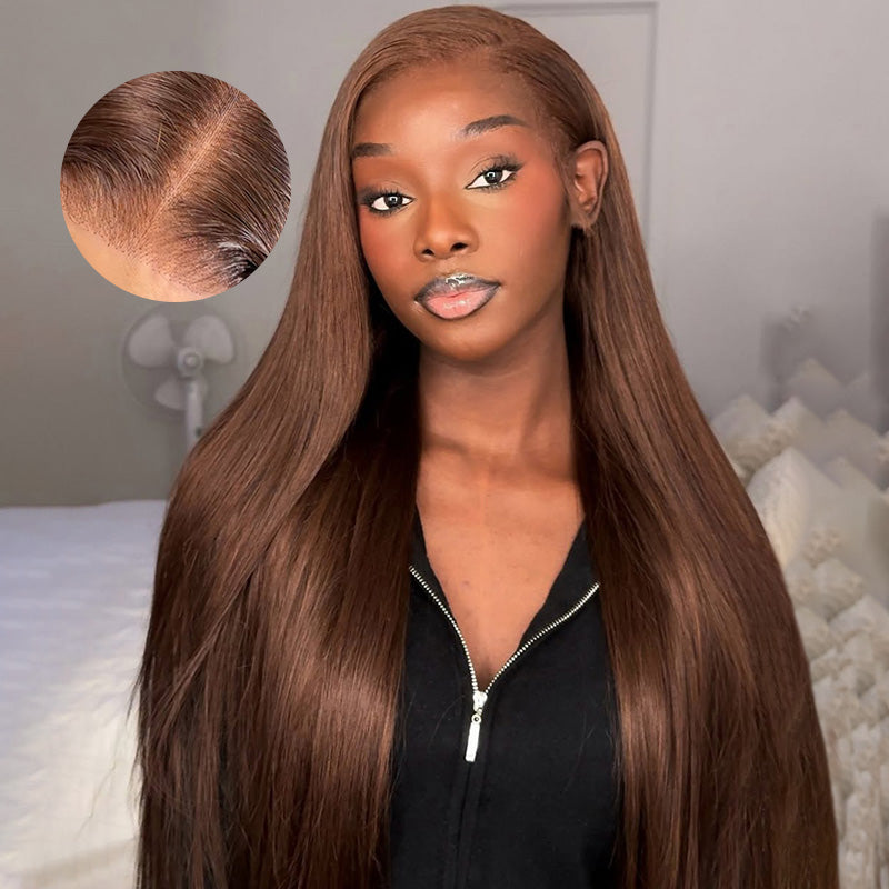 32Inch Wear And Go #4 Chocolate Brown Barbie Colored Straight Human Hair 13x4 HD Glueless Lace Frontal Wig - AlloveHair