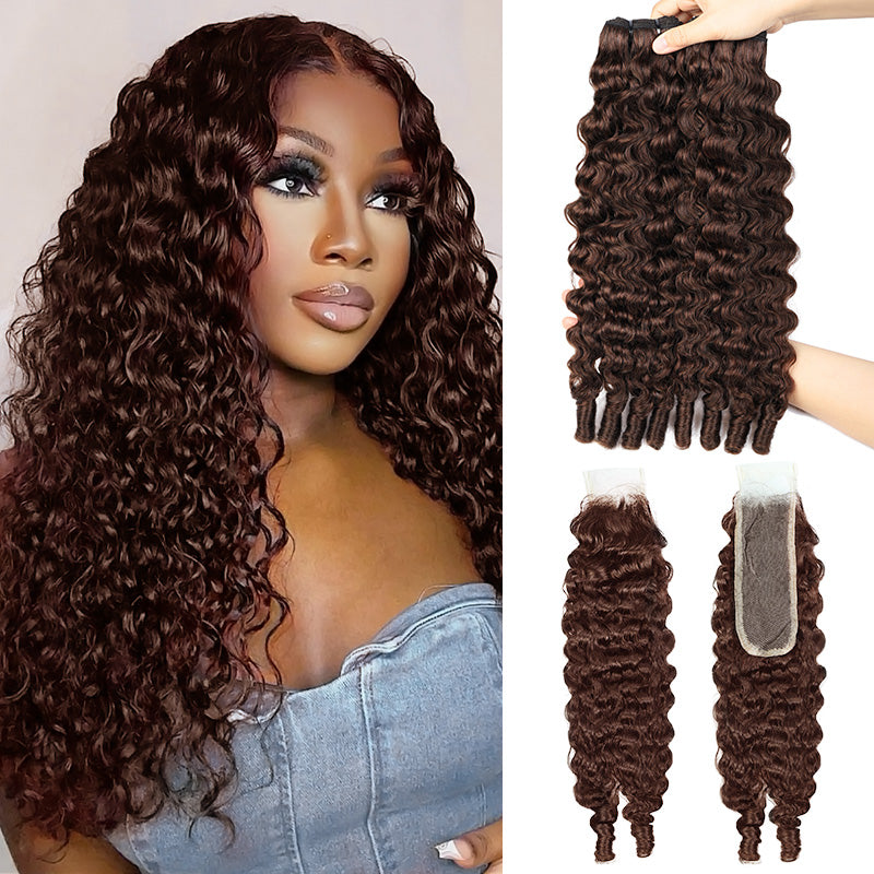 2x6 HD Lace Closure with Burmese Curly Bundles Human Hair Deep Parting 30 Inch Dark Brown Human Hair Weave Extensions - AlloveHair