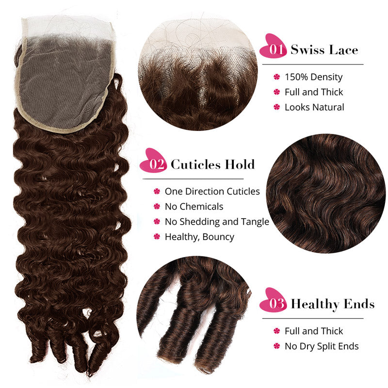 #4 Brown Colored Burmese Curly Human Hair 3 Bundles With 4x4 Transparent Lace Closure - AlloveHair
