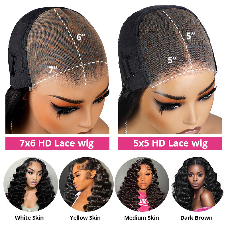 5x5 & 7x6 Glueless HD Lace Wig | Loose Deep Wave Human Hair | Bleached Knots | No Glue Needed - AlloveHair