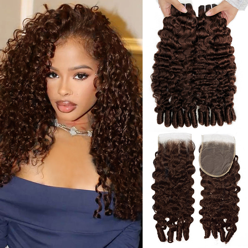 #4 Brown Colored Burmese Curly Human Hair 3 Bundles With 4x4 Transparent Lace Closure - AlloveHair
