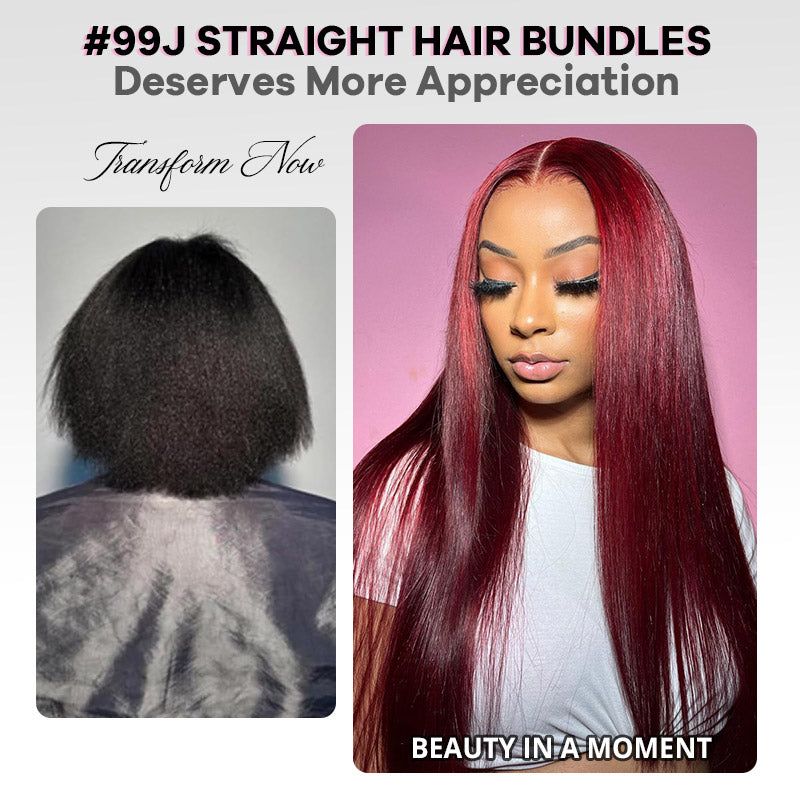 99J Straight Hair Bundles With 2x6 Lace Closure Burgundy Red Colored Human Hair Weave for Sew In - AlloveHair