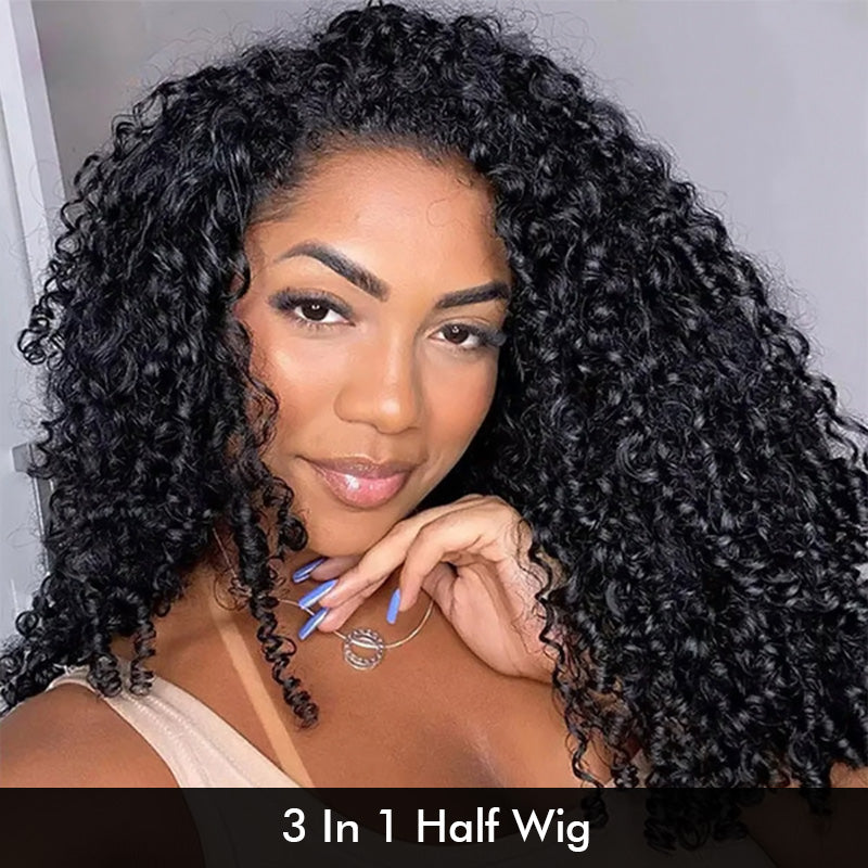 3 In 1 Half Wig | Burmese Curly Hair Glueless Half Wig with Adjustable Drawstring Seamless Flip Over Wigs - AlloveHair