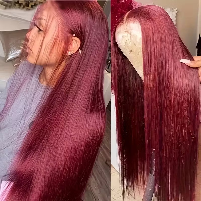 32 Inch 99J Burgundy 13x6 HD Transparent Lace Front Wig Virgin Straight Human Hair - AlloveHair