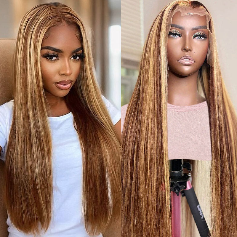 [13*4 Full Lace Front Wigs] Highlight 4/27 Honey Blonde Straight Hair Wig 180% Density Thick And Full - AlloveHair