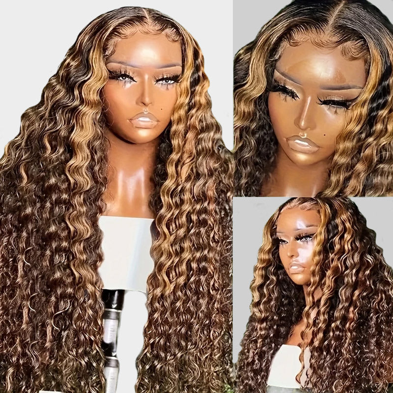 [28'' = $165.99 - No Code Needed] Honey Blonde Highlight 13x6 HD Lace Frontal Wig Virgin Loose Deep Wave Human Hair - AlloveHair