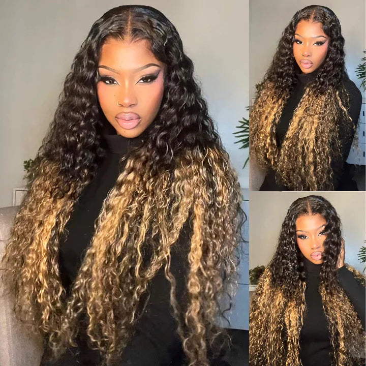 Two Tone Ombre Honey Blonde Glueless Deep Curly Transparent Lace Front Colored Wigs - AlloveHair