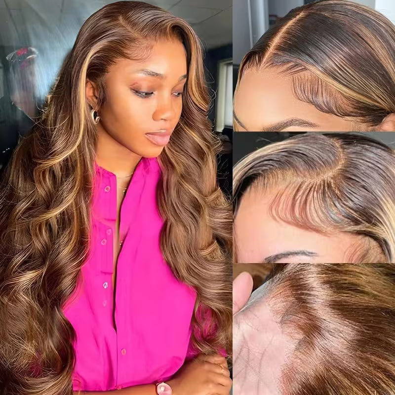 200% Density P4/27 Highlight Brown Colored Human Hair Wigs Skin Melt 13x6 Body Wave HD Lace Front Wigs - AlloveHair