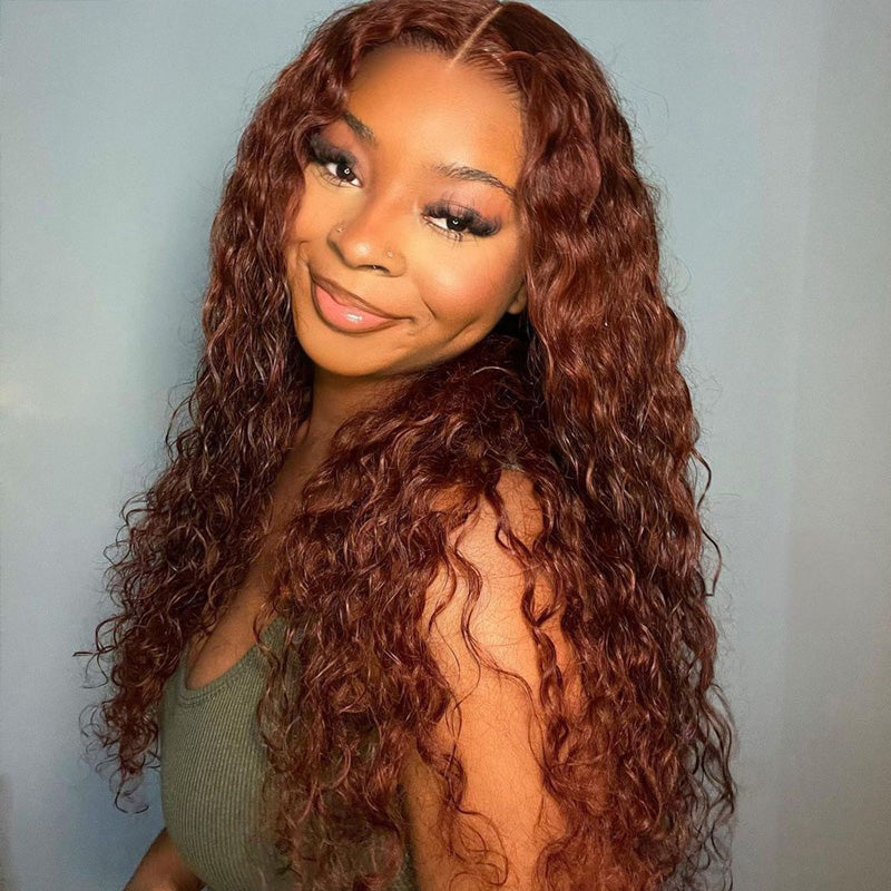 13x4 HD Lace Front Wigs #33 Reddish Brown Auburn Copper Color Water Wave Real Glueless Human Wigs - AlloveHair