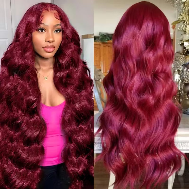 30 Inch Glueless 13x6 HD Lace Front Wig Burgundy 99J Body Wave Colored Human Hair Wigs - AlloveHair