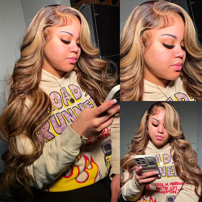 200% Density P4/27 Highlight Brown Colored Human Hair Wigs Skin Melt 13x6 Body Wave HD Lace Front Wigs - AlloveHair