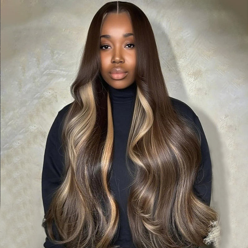 200% Density Brown Highlights Blonde Body Wave Wig 13x4 13x6 HD Lace Front Wigs Pre-Plucked 30 Inch Long Wigs - AlloveHair