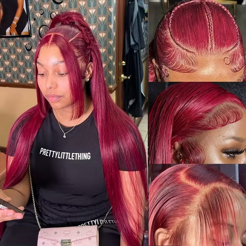 32 Inch 99J Burgundy 13x6 HD Transparent Lace Front Wig Virgin Straight Human Hair - AlloveHair