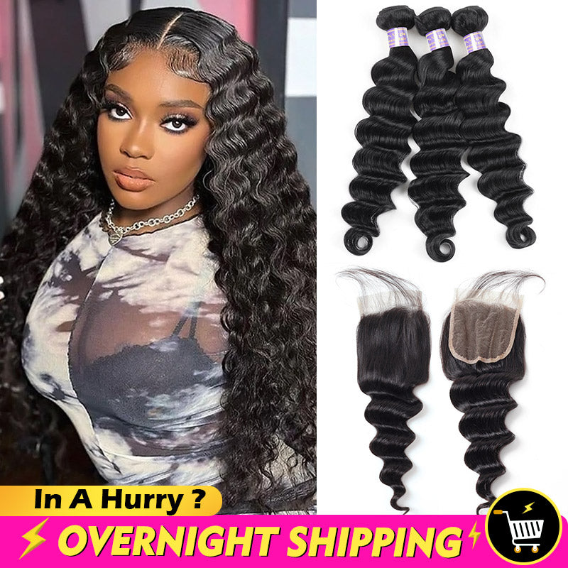 Overnight Shipping Allove Loose Deep /Loose Wave 3 Bundles With 4*4 Lace Closure Human Hair Extensions - AlloveHair
