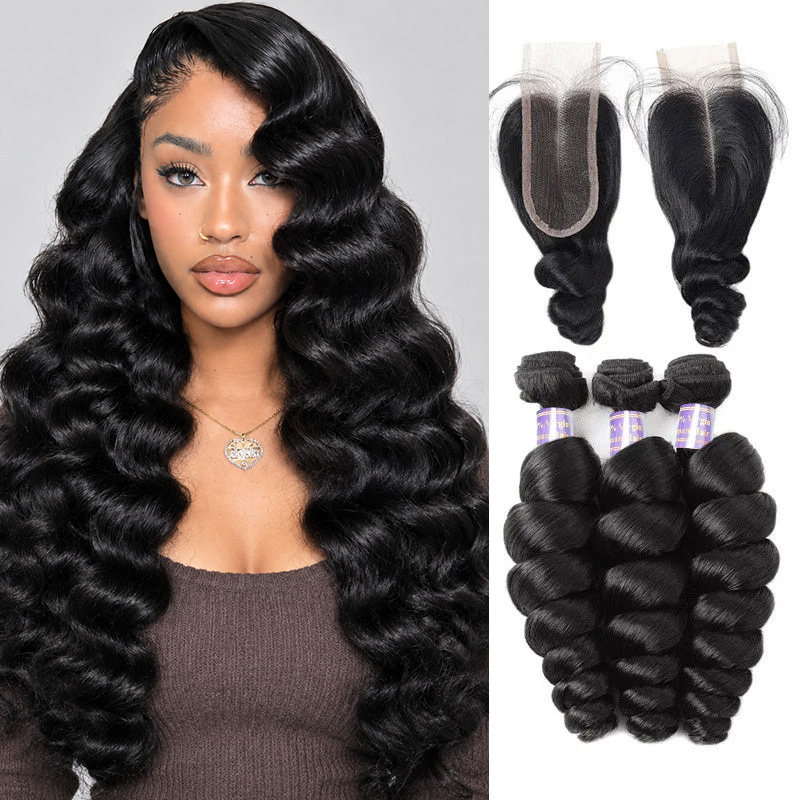 Brazilian Loose Wave Virgin Human Hair 3 Bundles With 2x6 Lace Closure Deep Parting