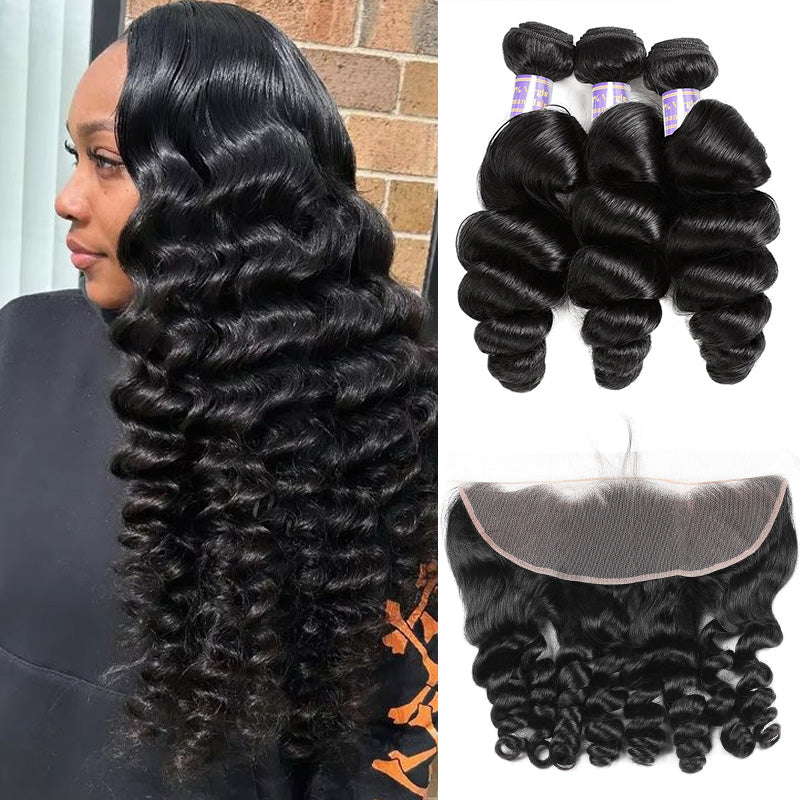 Peruvian Loose Wave Human Hair 3 Bundles With 13x4 HD Lace Frontal Closure - AlloveHair