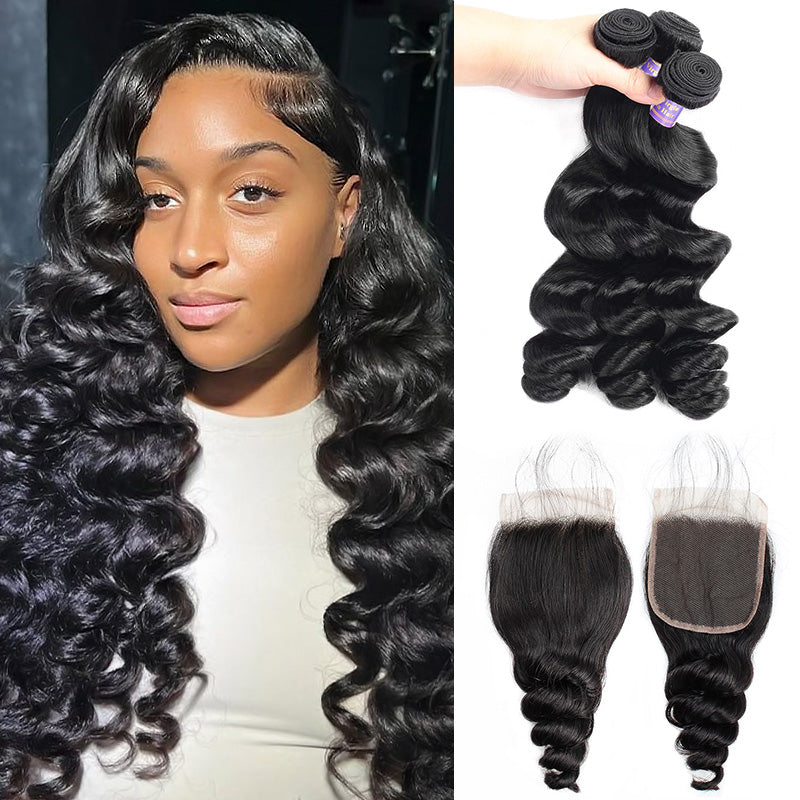 Allove Hair Peruvian Loose Wave Virgin Hair 3 Bundles with 4*4 Lace Closure - AlloveHair