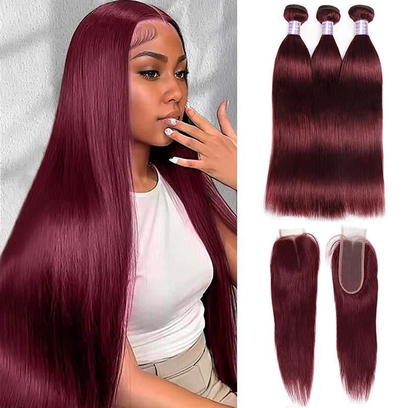99J Straight Hair Bundles With 2x6 Lace Closure Burgundy Red Colored Human Hair Weave for Sew In - AlloveHair