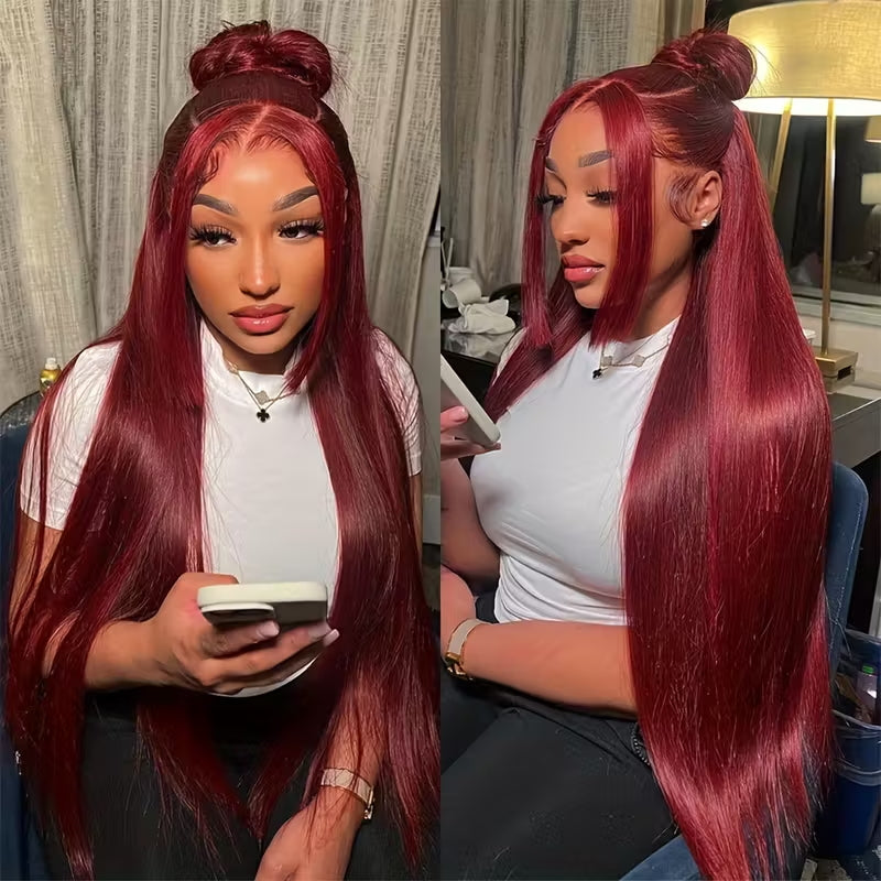 32 Inch 99J Burgundy 13x6 HD Transparent Lace Front Wig Virgin Straight Human Hair - AlloveHair