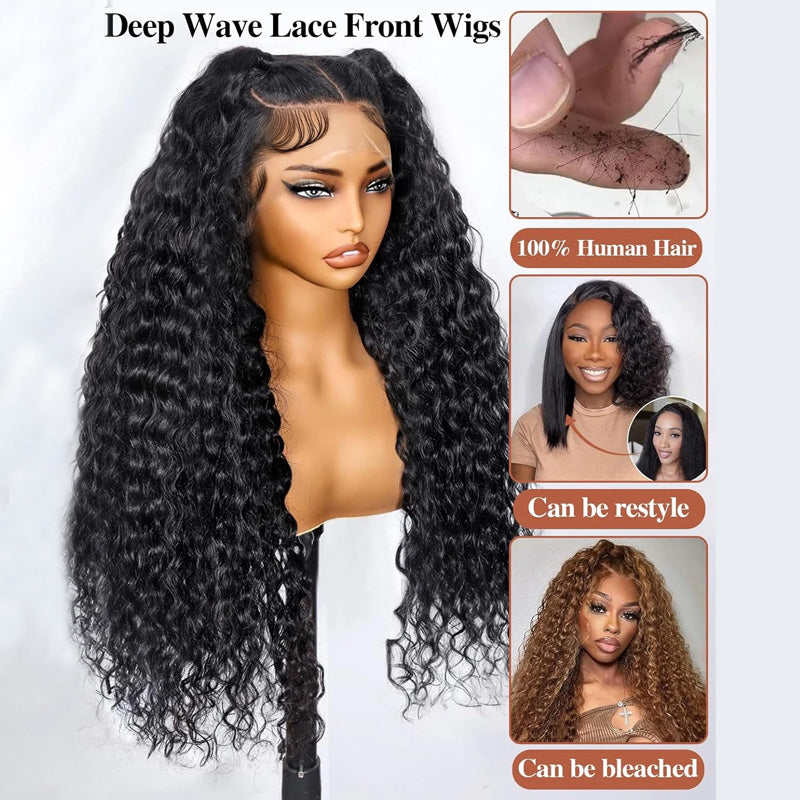250% Density 13x6 Invisible HD Lace Front Wigs Deep Wave Human Hair Wig with Pre Plucked Hairline - AlloveHair