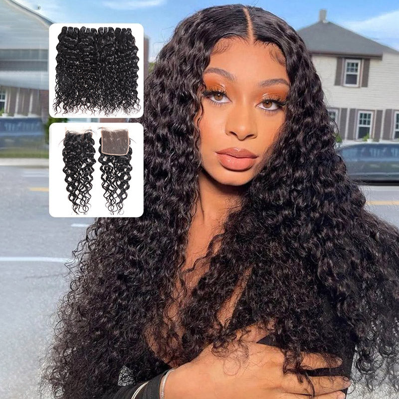 Allove Brazilian Water Wave Human Hair 4 Bundles with 4x4 Lace Closure - AlloveHair