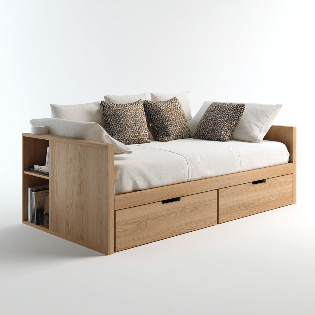 Divano letto in legno 200x90x82 cm - marrone chiaro - adatto alla camera da letto - con contenitore - design moderno-Lilaihaus