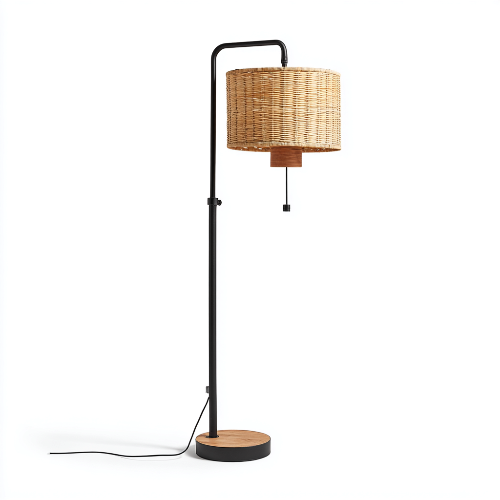 Lampada da terra in metallo legno e rattan 38x35x165 cm - nero - beige - per soggiorno e zona relax - design boho-Lilaihaus