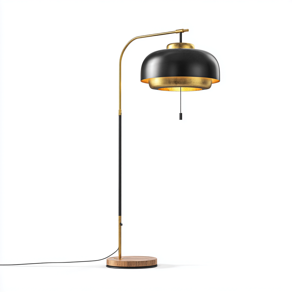 Lampada da terra in metallo e legno 45x30x165 cm - nero - ottone - legno naturale - per soggiorno e angolo lettura - design industriale-Lilaihaus