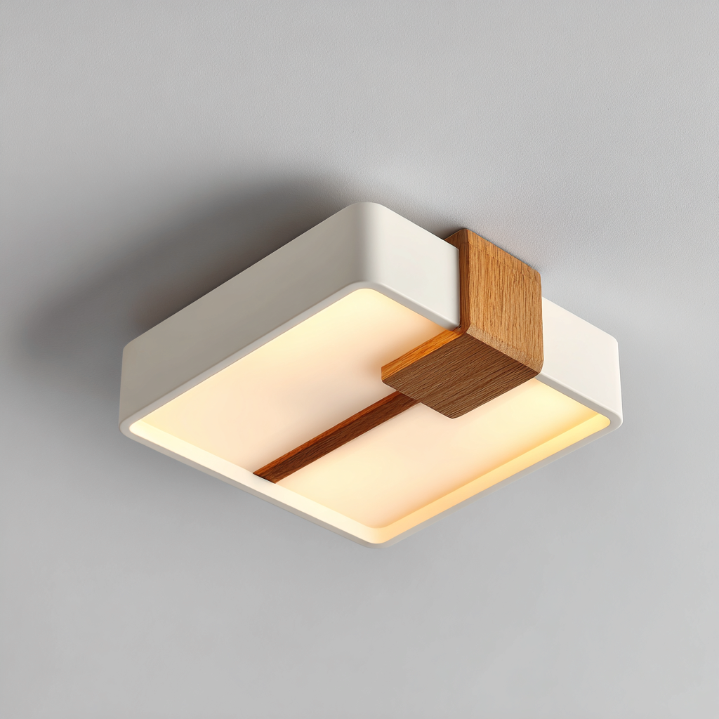Lampada da soffitto in metallo e legno 30x30x18 cm - bianco - legno naturale - per soggiorno e cucina - design moderno-Lilaihaus