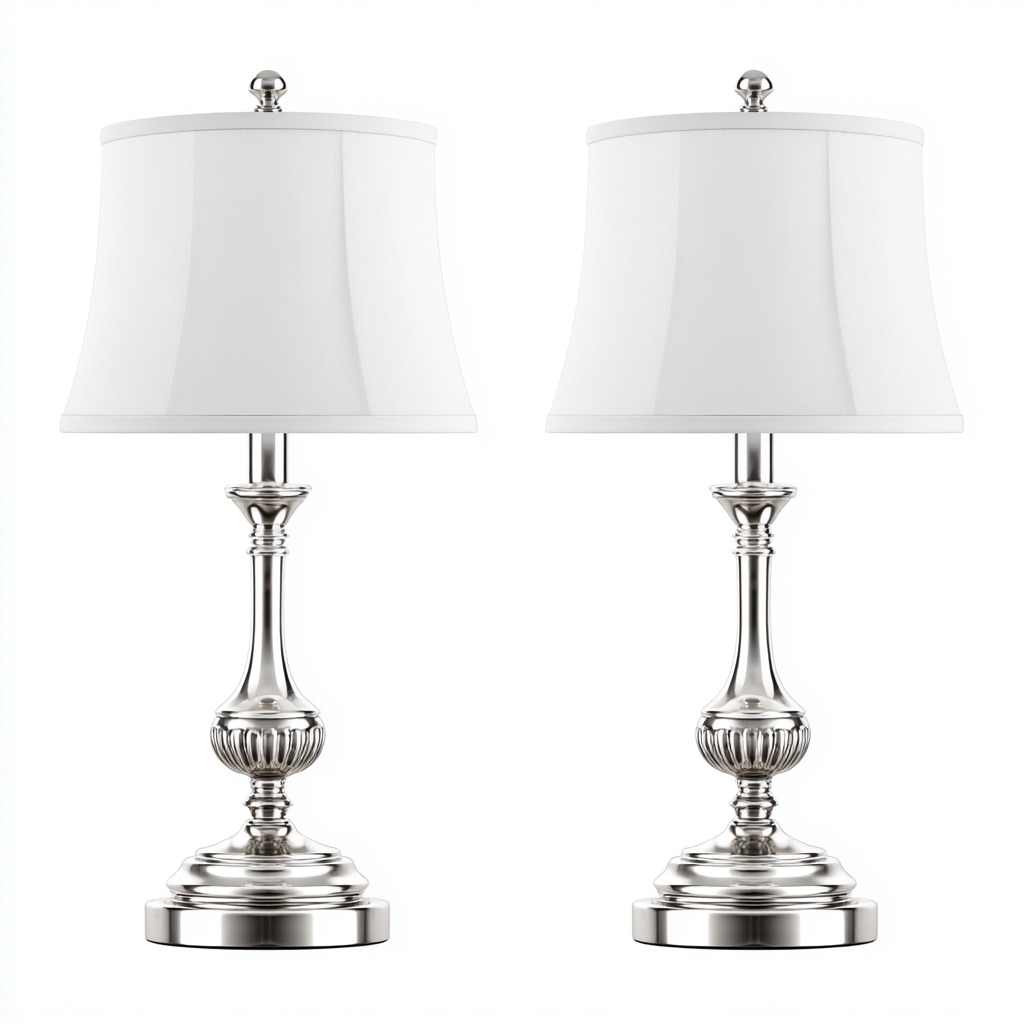 Lampada da tavolo metallo tessuto 26x26x45 cm - Argento Bianco - Per soggiorno - Set da 2 - Design classico-Lilaihaus