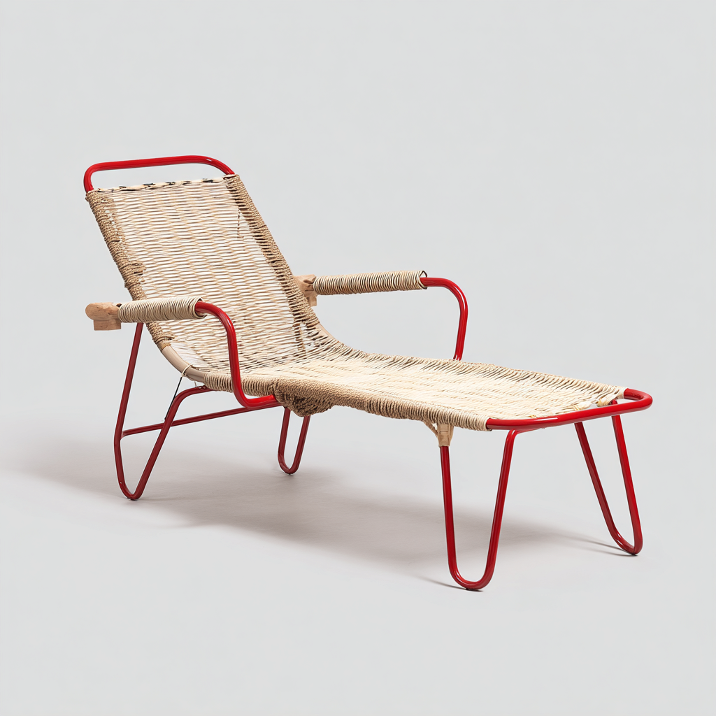 Lettino da sole intrecciato metallo-rattan 190x65x75 cm - Beige - Rosso - Design moderno per esterni adatto all uso all aperto-Lilaihaus