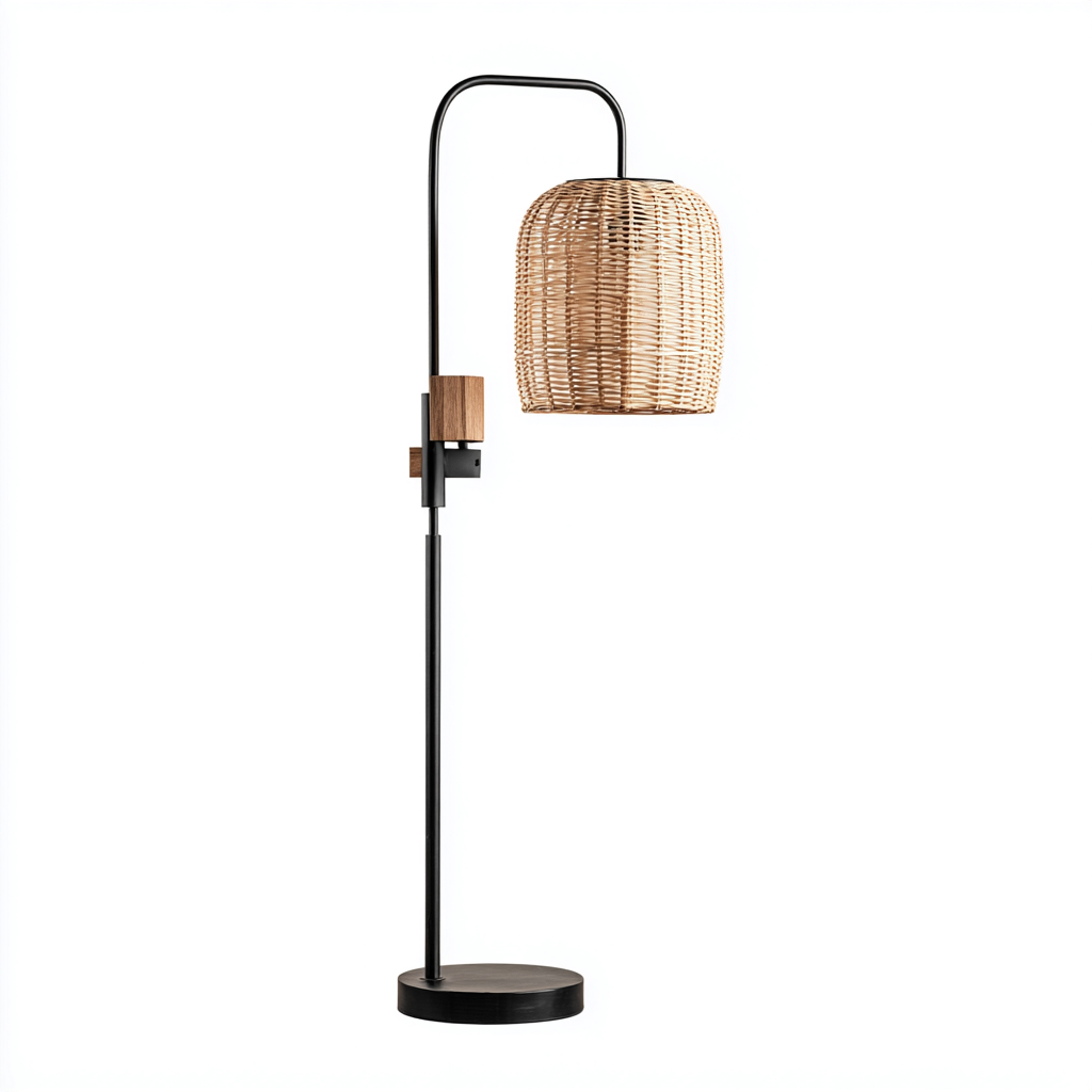 Lampada da terra in metallo e rattan 35x30x160 cm - nero - beige - per soggiorno e zona relax - design boho-Lilaihaus