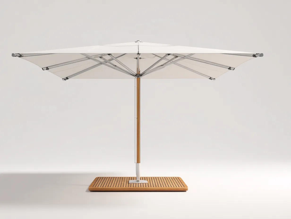 Sombrilla de terraza 300x300x260 cm – blanco roto – estructura resistente con base de madera para exterior-Liviahahaus