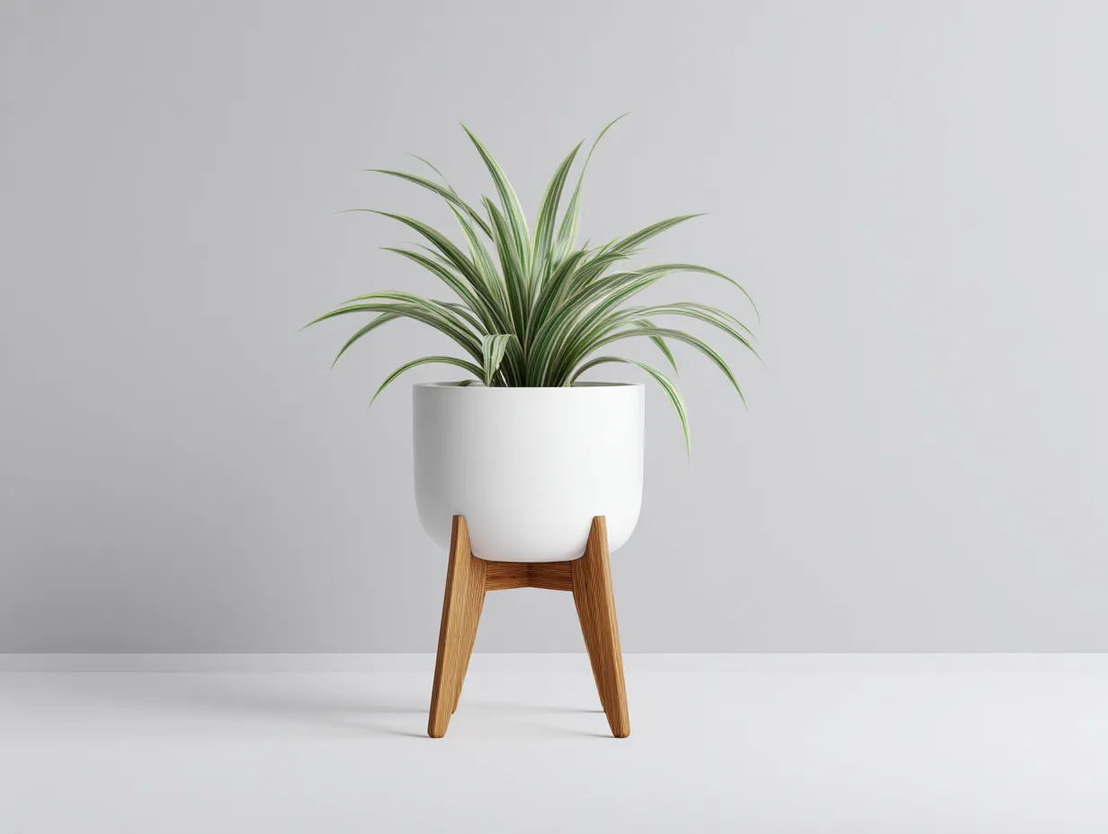 Maceta de balcón 38x38x60 cm – blanco – cerámica con soporte de madera estilo natural-Liviahahaus