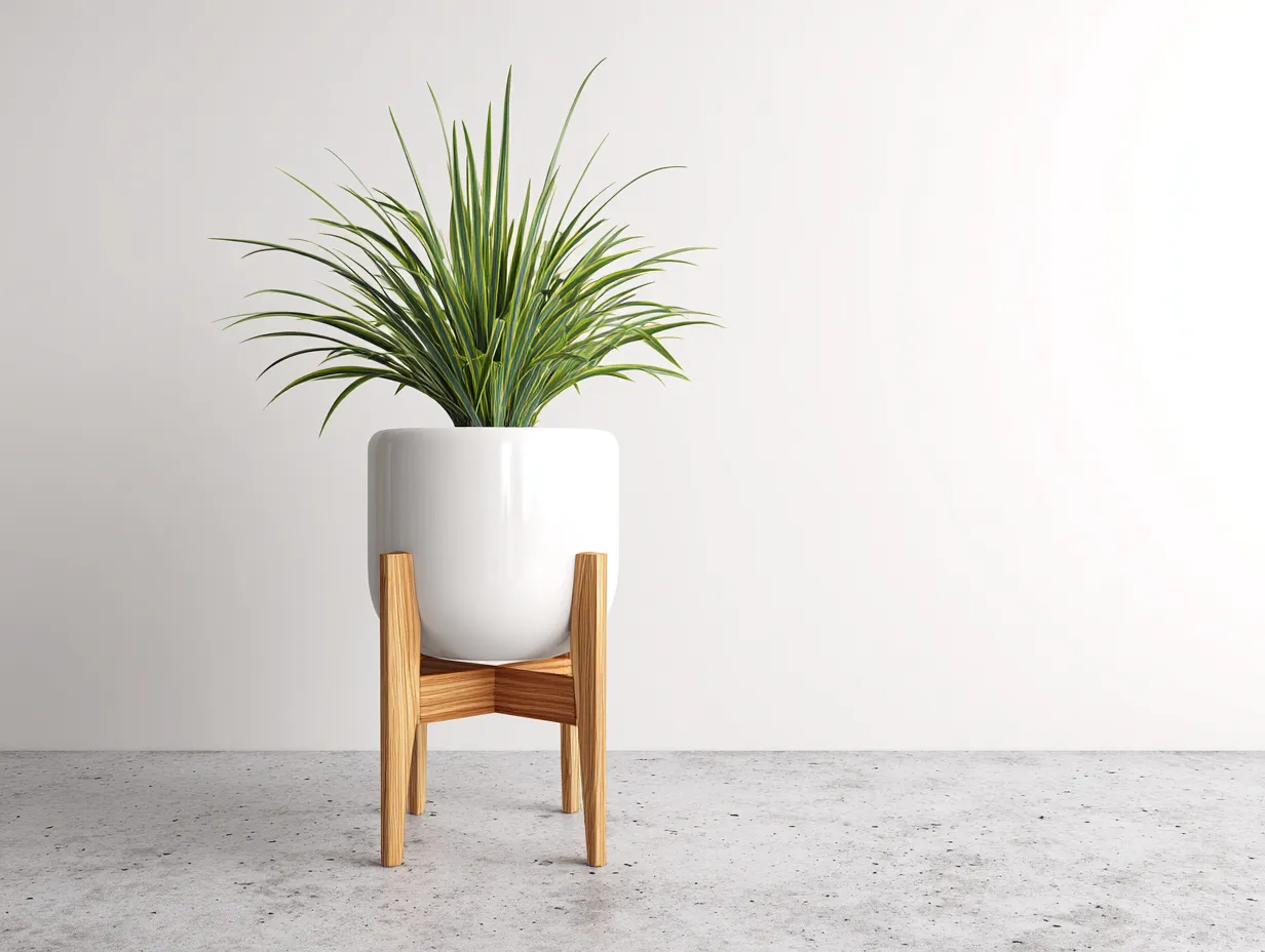 Maceta 38×38×70 cm - cerámica blanca y soporte de madera natural - diseño elevado para balcón-Liviahahaus