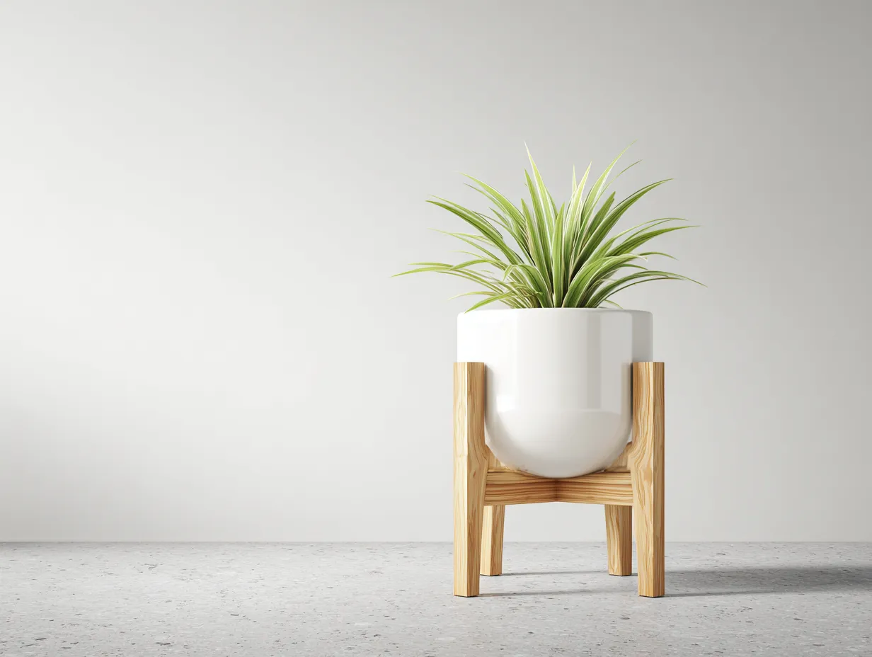 Maceta 35×35×55 cm - cerámica blanca y soporte de madera - estilo natural para balcón-Liviahahaus