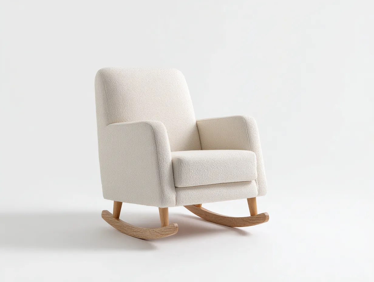 Mecedora 80×85×102 cm - tela blanca y madera clara - estilo moderno para sala de estar-Liviahahaus
