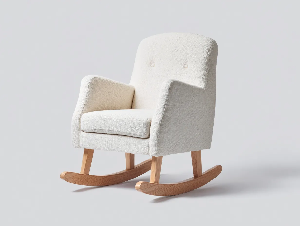 Mecedora 82×86×100 cm - tela blanca y madera natural - diseño nórdico para sala de estar-Liviahahaus