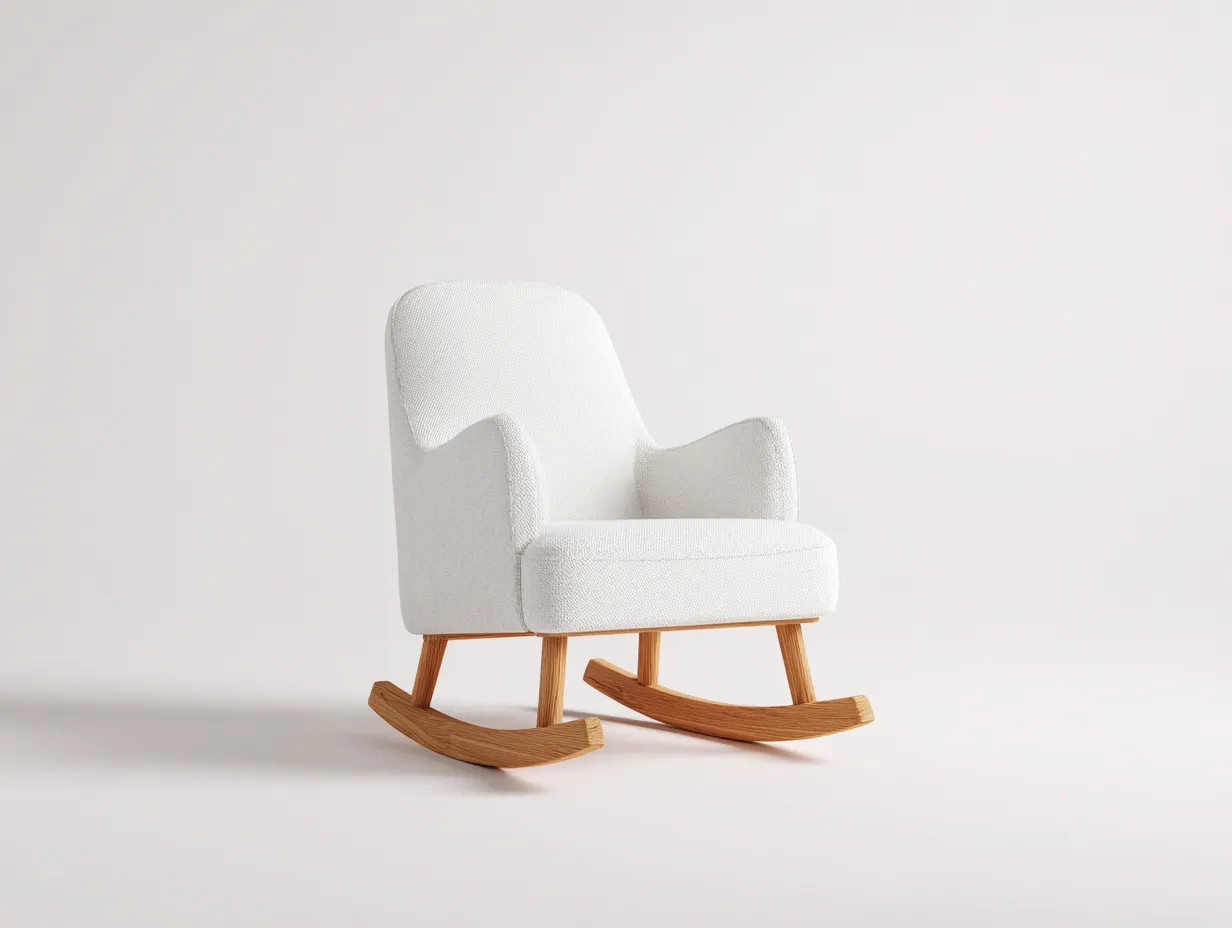 Mecedora 78×82×98 cm - tela blanca y madera natural - estilo nórdico para sala de estar-Liviahahaus