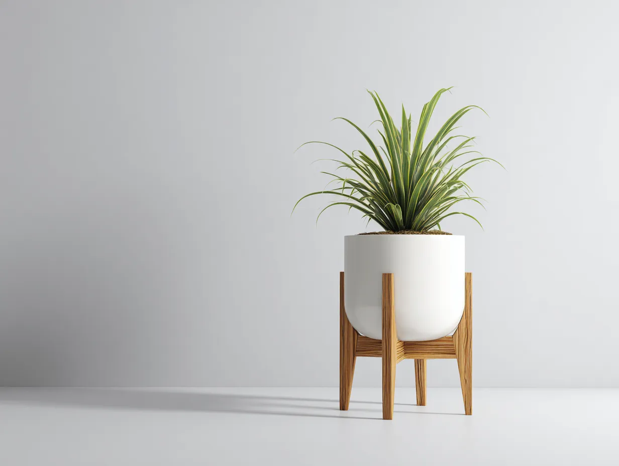 Maceta 40×40×65 cm - cerámica blanca y soporte de madera - estilo moderno para balcón-Liviahahaus