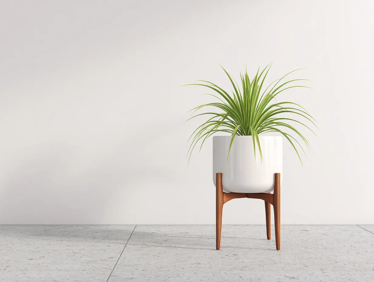 Maceta de balcón 45x45x85 cm – blanco – cerámica con soporte de madera para terraza-Liviahahaus