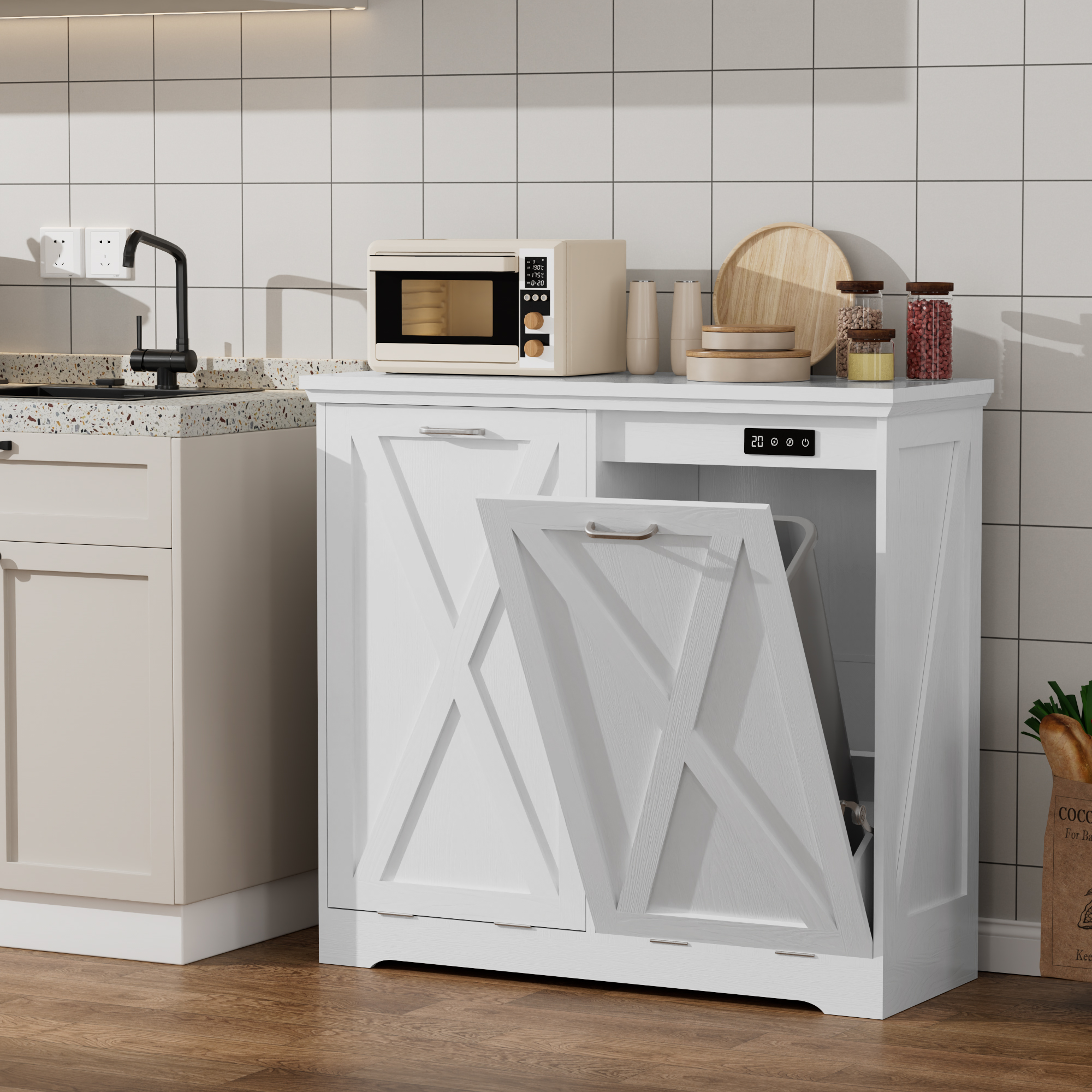 26-Gallon Tilt-Out Trash Can Cabinet, Hidden Trash Bin with Deodorizing & Negative Ion Technology, Pet-Proof Design for Kitchen, Dining Room, Living Room, White