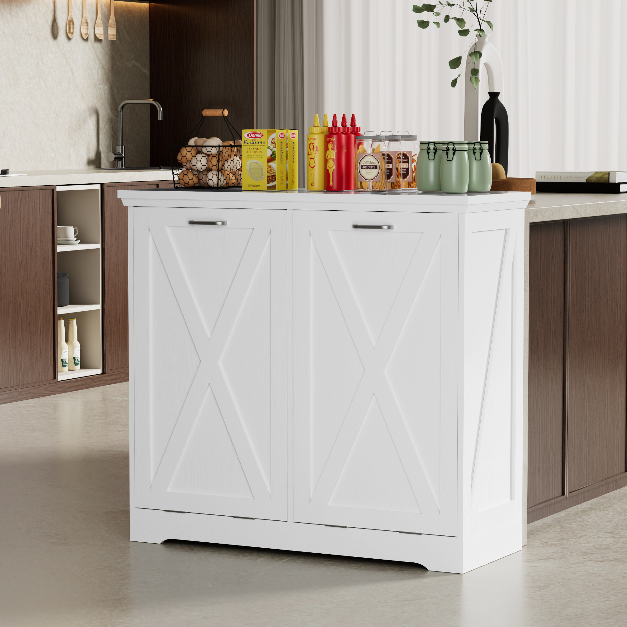 26-Gallon Tilt-Out Trash Can Cabinet, Hidden Trash Bin with Deodorizing & Negative Ion Technology, Pet-Proof Design for Kitchen, Dining Room, Living Room, White